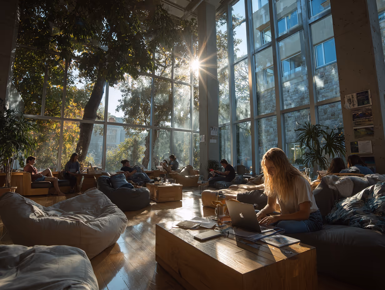 Sunlight streaming through large windows into a cozy lounge with people working on laptops and relaxing on bean bags and sofas.