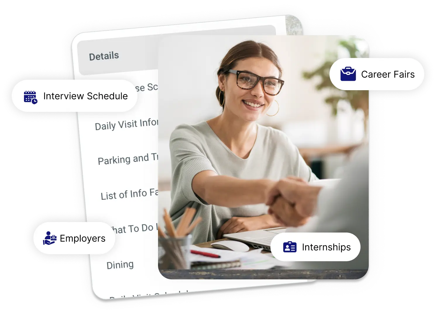 Smiling woman wearing glasses shaking hands with another person across a desk with office supplies and laptop.