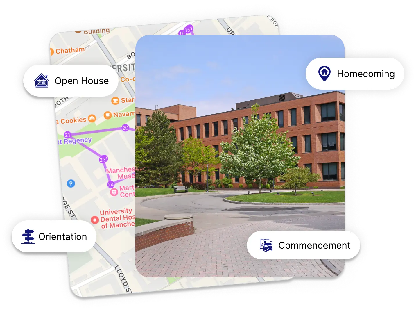 Brick university building with trees and a paved circular driveway under a clear blue sky.