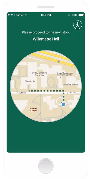 Smartphone screen showing map navigation to Willamette Hall at University of Oregon with walking route marked.