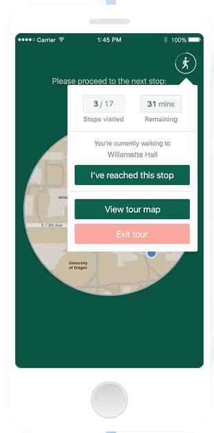 Mobile app screen showing a campus tour with map, next stop Willamette Hall, 3 of 17 stops visited, and 31 minutes remaining with options to mark stop reached, view map, or exit tour.
