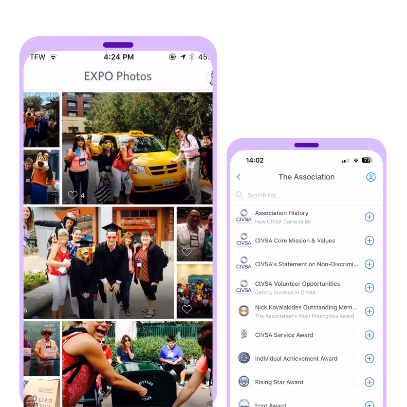 Two smartphone screens displaying app interfaces: left screen shows a grid of event photos labeled 'EXPO Photos,' right screen shows a list of association topics and awards with icons and plus buttons.
