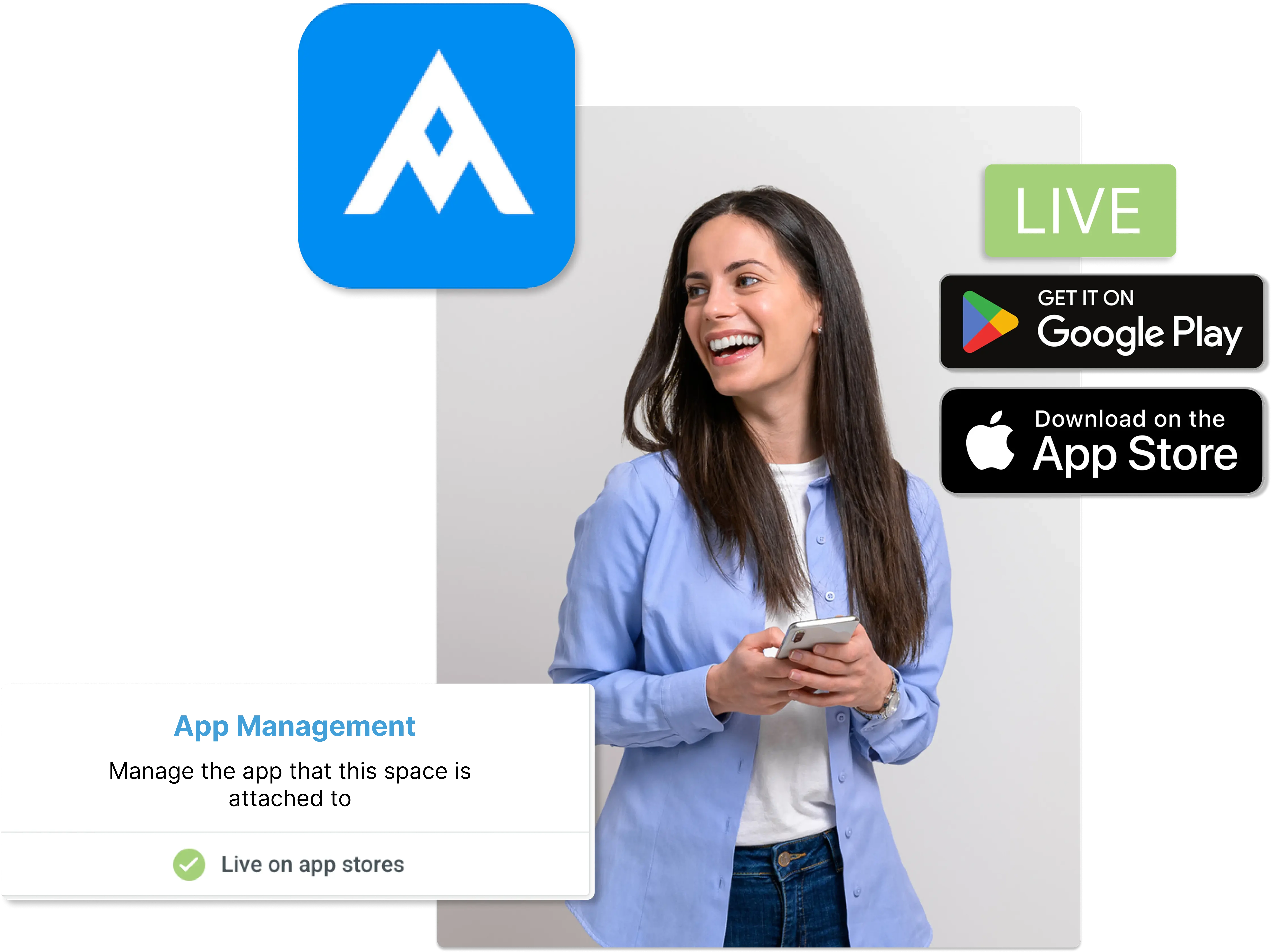 Smiling woman holding a smartphone with app management interface and app store download badges for Google Play and App Store.
