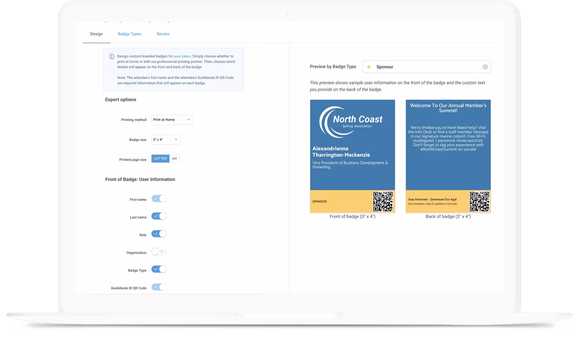 Laptop screen displaying a badge design interface with options to customize printing method, badge size, and user information elements, alongside a preview of a sponsor badge front and back.