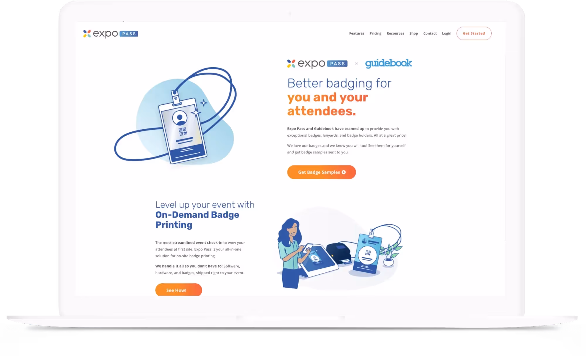 Laptop screen showing Expo Pass and Guidebook webpage promoting on-demand badge printing and badge samples with illustrations of badges and a woman using a tablet.