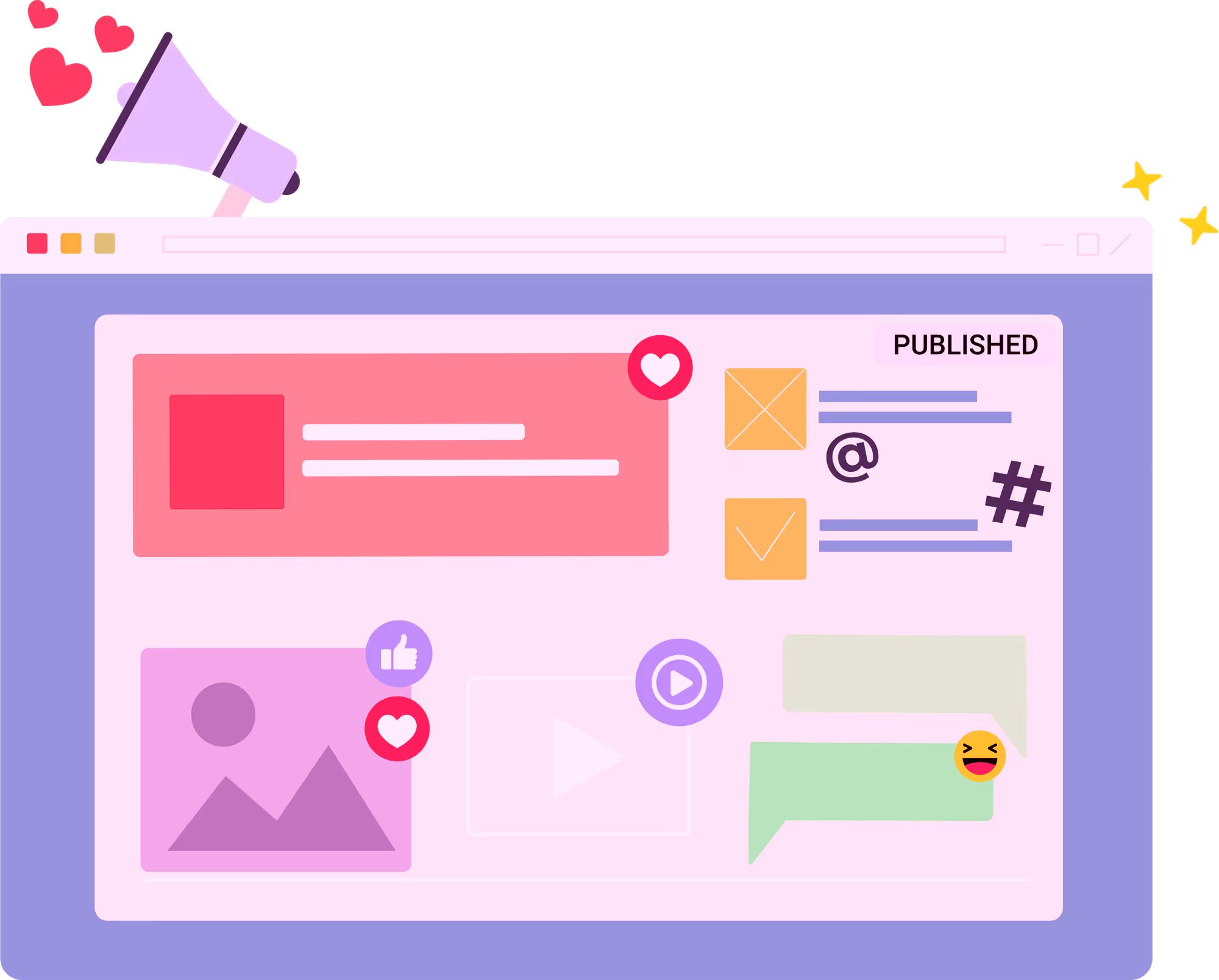 Illustration of a social media post on a web page with icons for likes, hearts, comments, hashtags, and emojis.