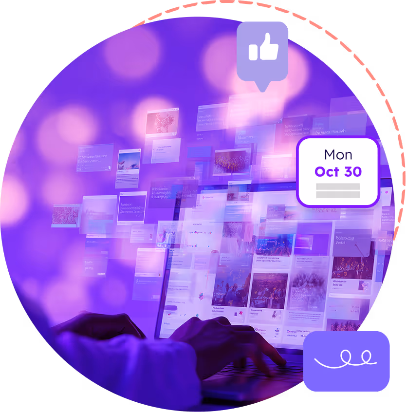 Person typing on a laptop with digital overlays of social media notifications and calendar date Mon Oct 30.