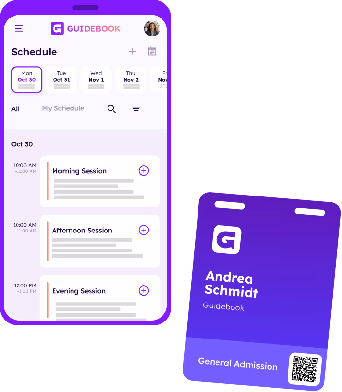 Mobile phone screen showing a schedule with morning, afternoon, and evening sessions on October 30, alongside a purple event badge for Andrea Schmidt with a QR code and General Admission text.