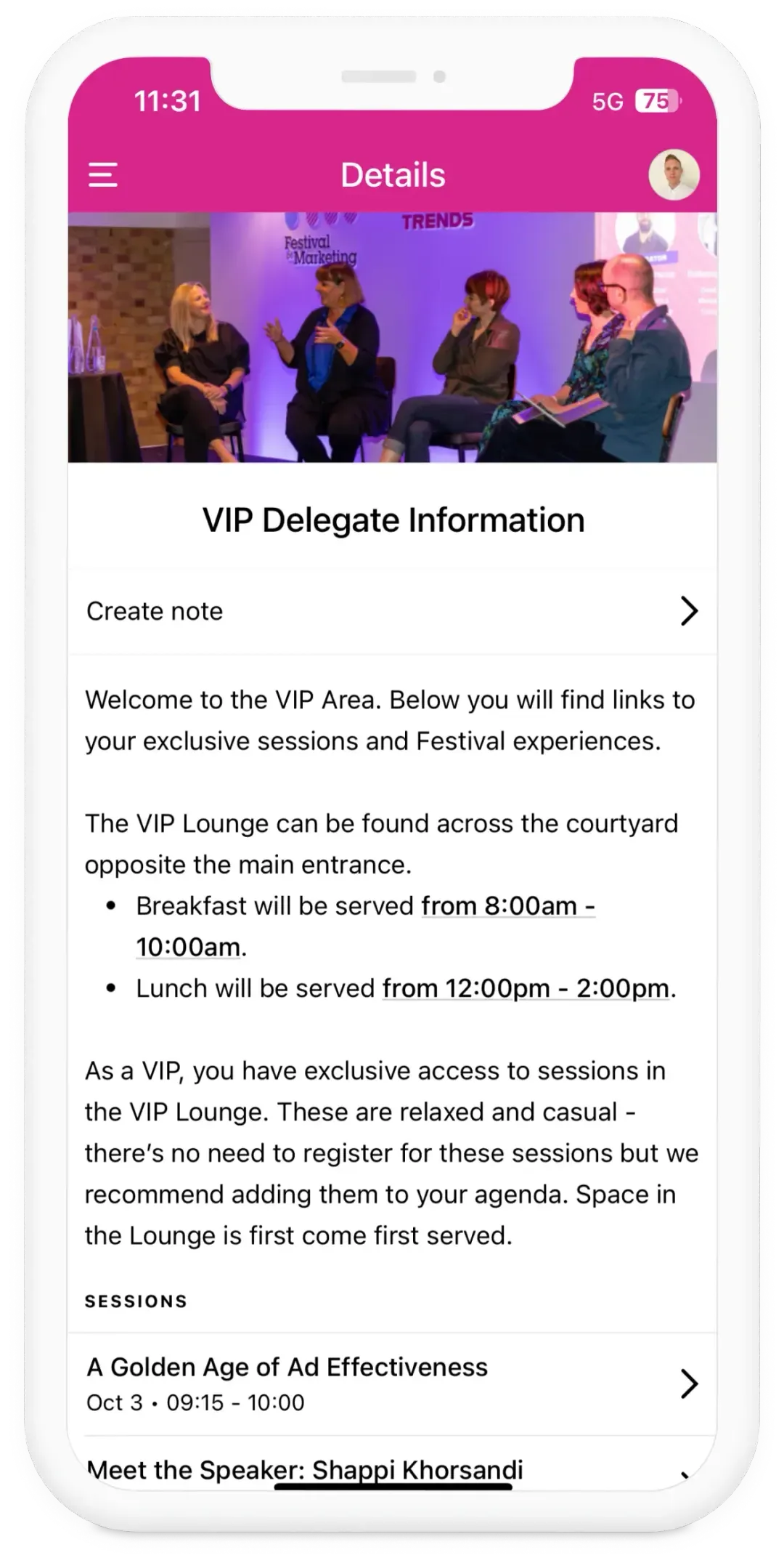 Mobile screen showing VIP Delegate Information for Festival of Marketing with session details and VIP lounge access times.