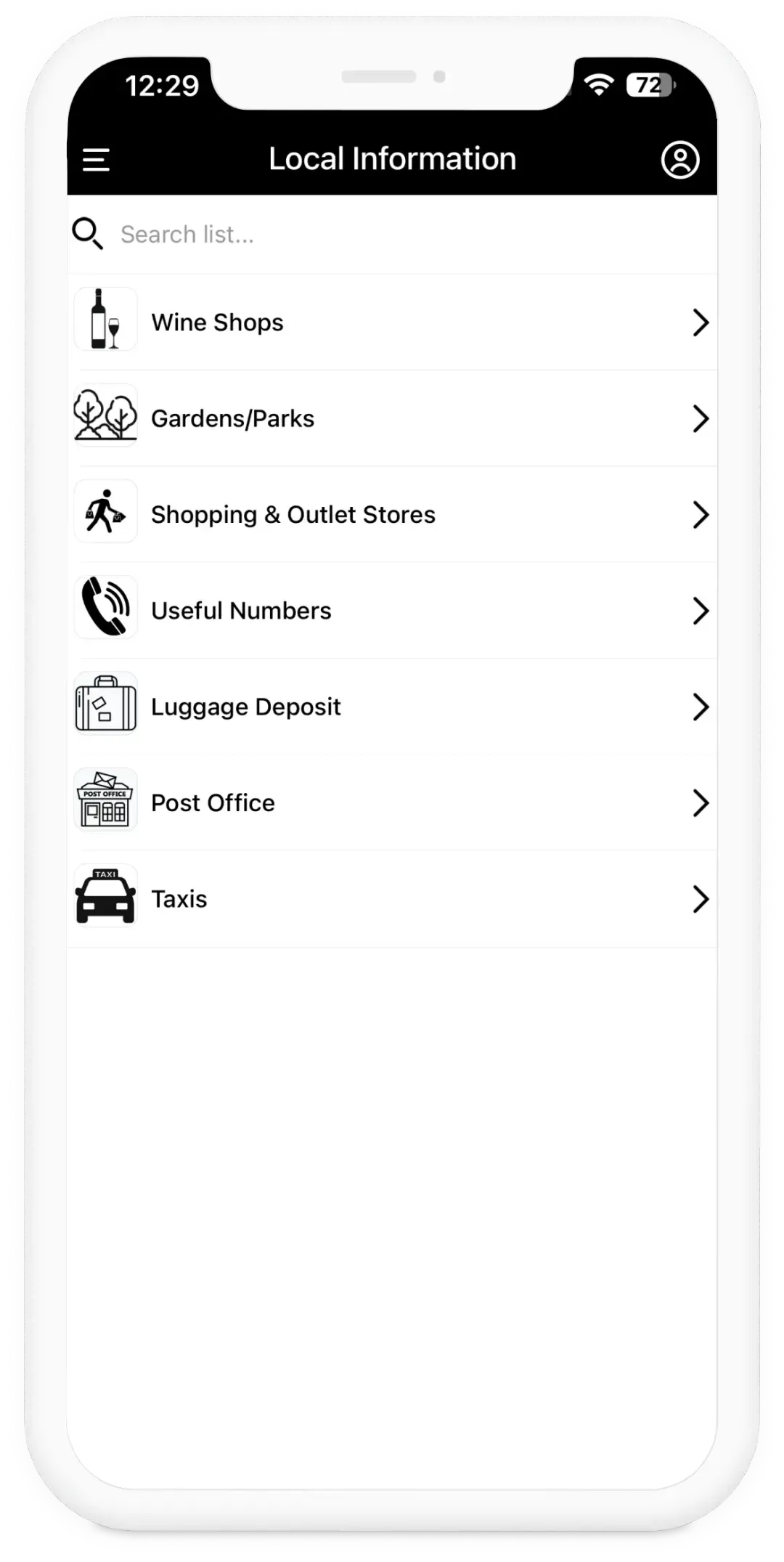 Mobile screen showing a Local Information app menu with options for Wine Shops, Gardens/Parks, Shopping & Outlet Stores, Useful Numbers, Luggage Deposit, Post Office, and Taxis.