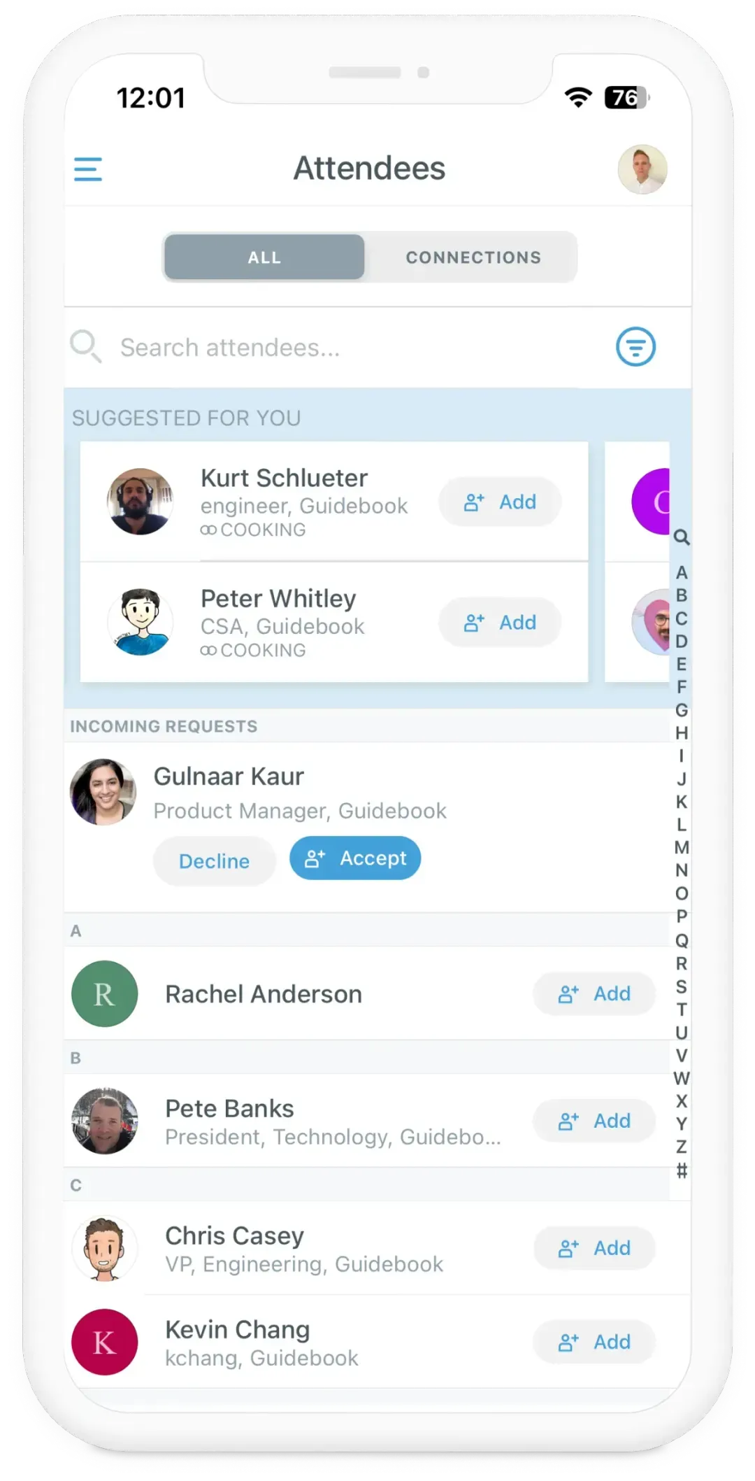 Mobile screen displaying an attendees list in a networking app with suggested contacts, incoming requests, and alphabetical contacts.