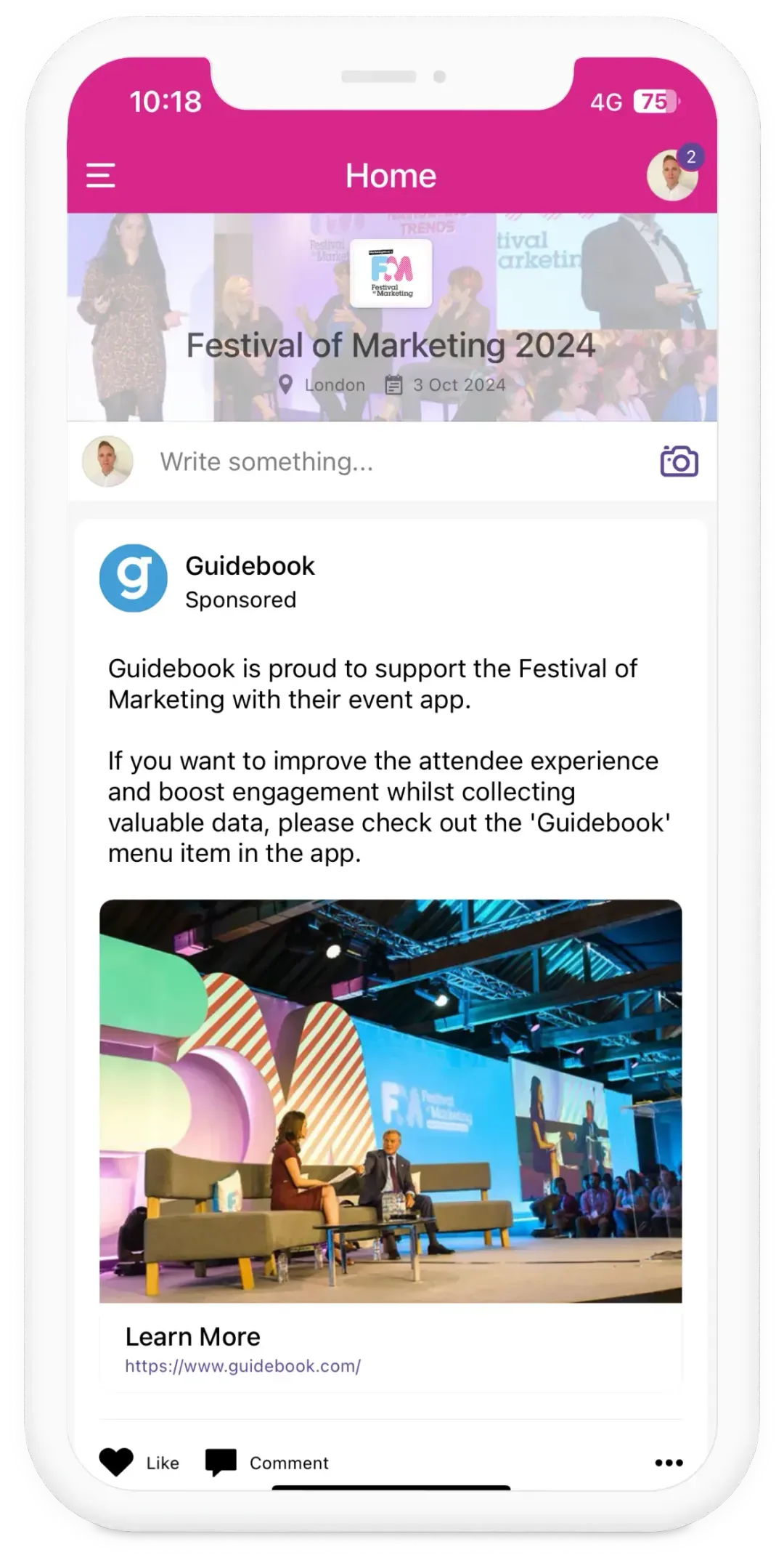 Mobile app screen showing a sponsored Guidebook post supporting the Festival of Marketing 2024 in London on 3 Oct, with an image of two speakers seated on stage during a panel discussion.