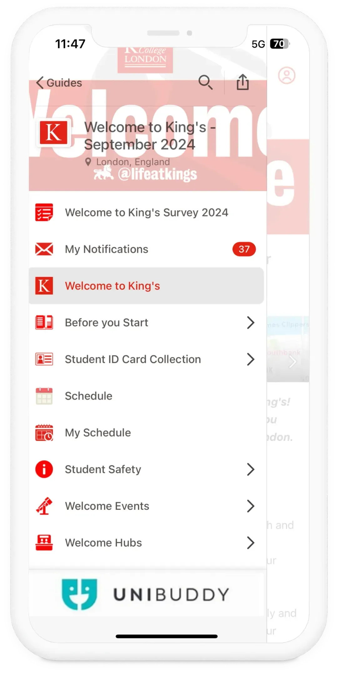 Smartphone screen showing King's College London welcome guide menu for September 2024 with options like notifications, schedule, student safety, and welcome events.