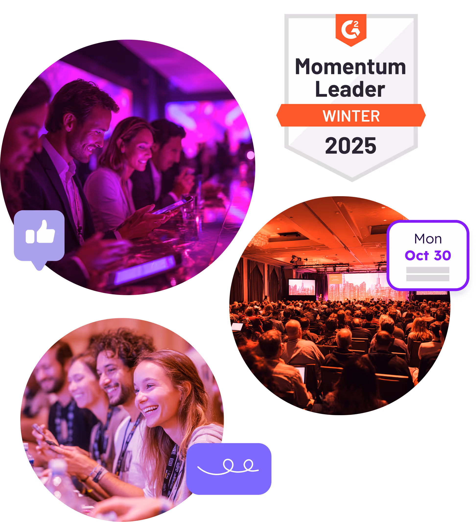 Collage showing people engaged with devices at events, a conference audience, and G2 Momentum Leader Winter 2025 badge.