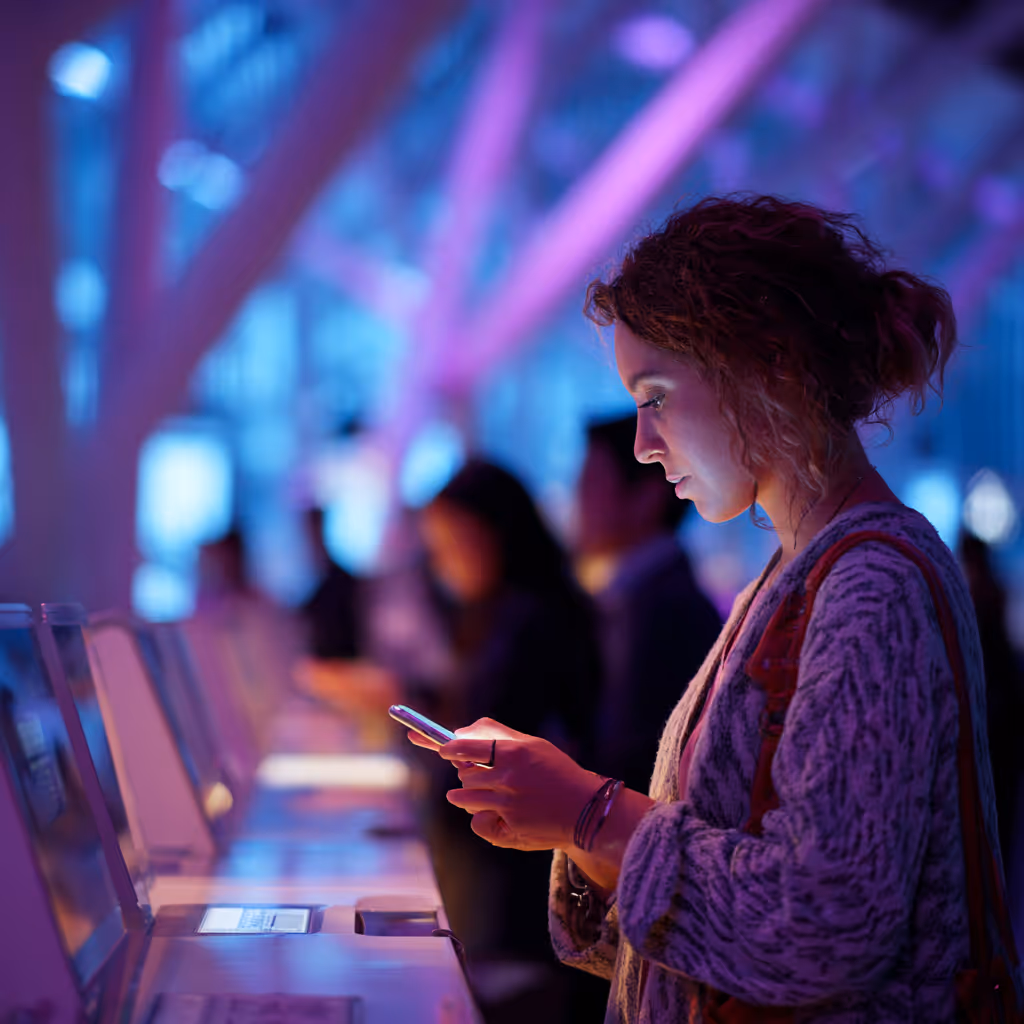 Young woman using a smartphone near a row of airport self-check-in kiosks under purple and blue lighting.