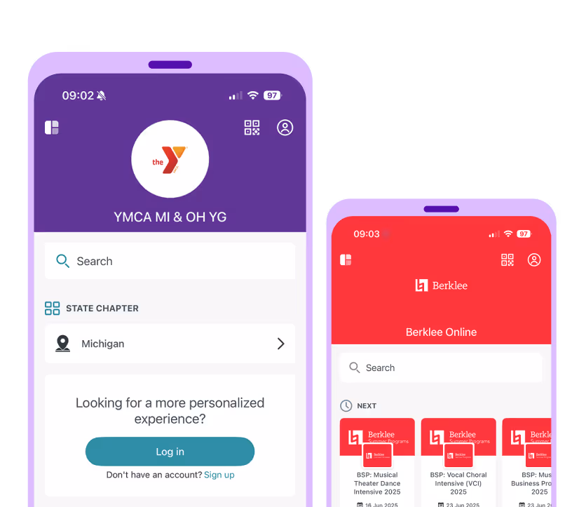Side-by-side mobile screens showing branded apps: YMCA MI & OH YG app with search and Michigan chapter, and Berklee Online app displaying search and upcoming programs.