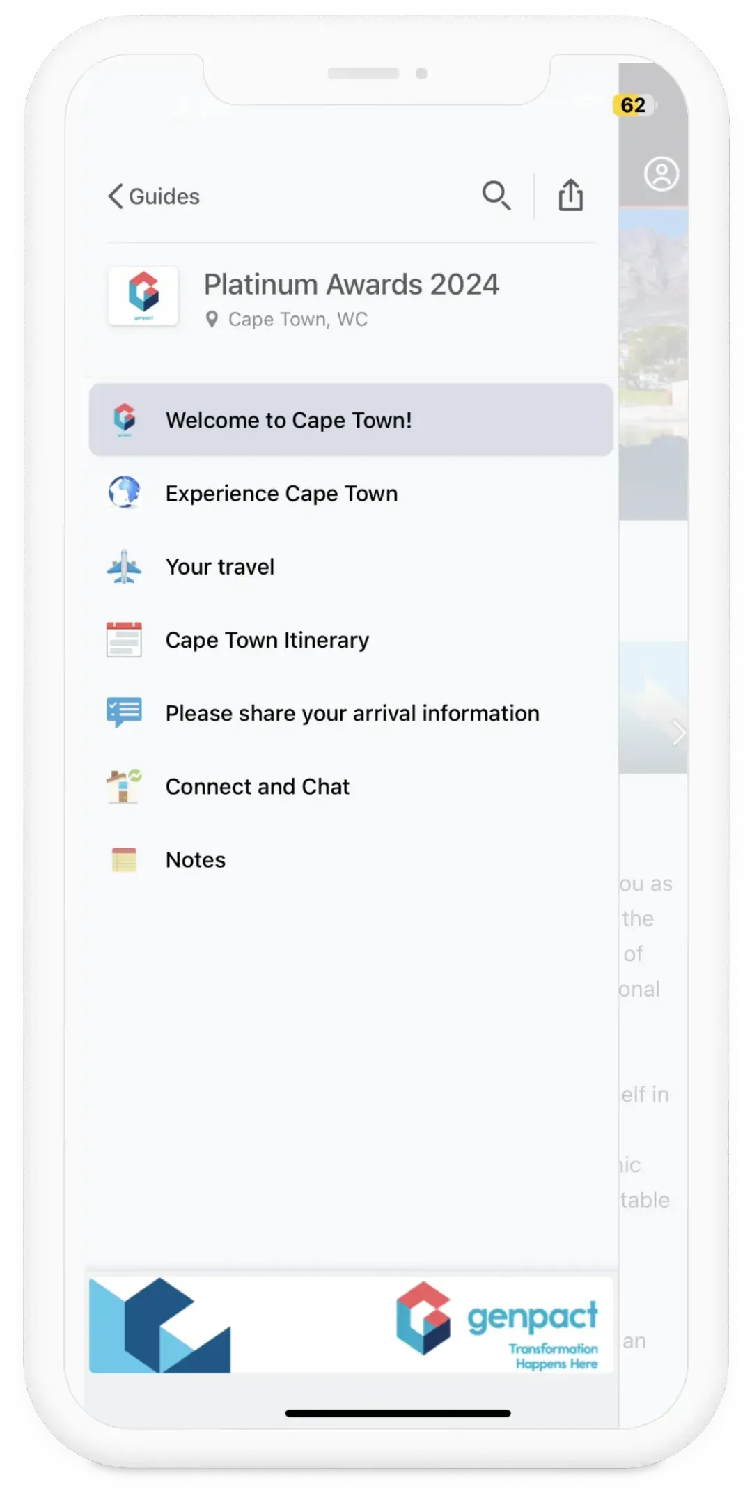 Mobile screen showing a guide menu for Platinum Awards 2024 in Cape Town, listing options like Welcome to Cape Town, Experience Cape Town, Your travel, Cape Town Itinerary, Please share your arrival information, Connect and Chat, and Notes.