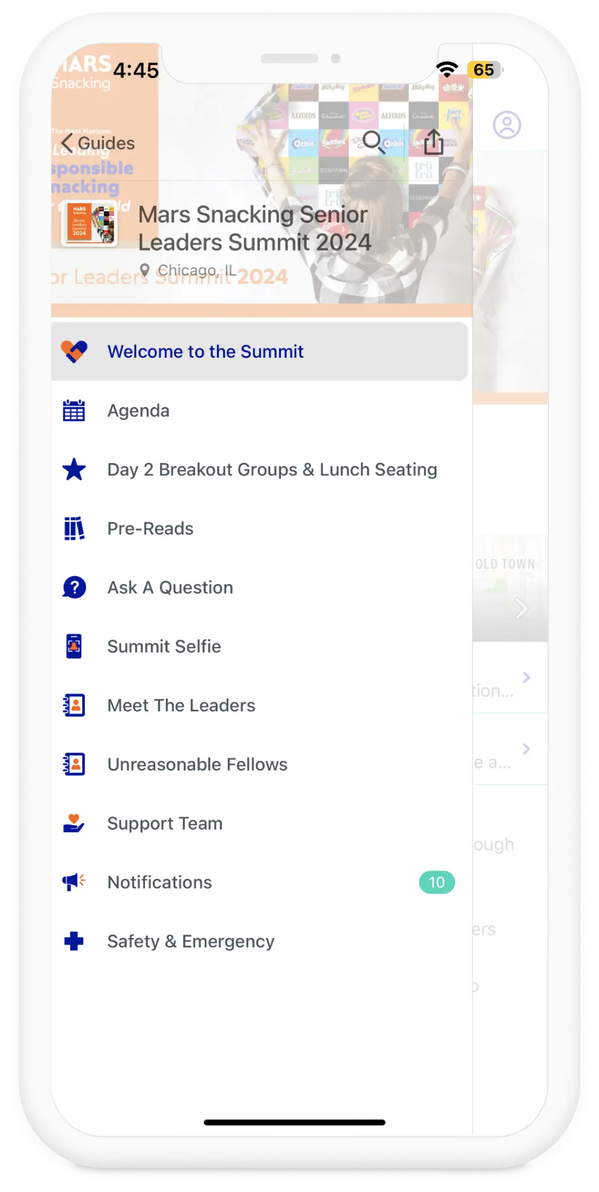 Mobile screen showing Mars Snacking Senior Leaders Summit 2024 app menu with agenda, breakout groups, pre-reads, Q&A, selfie, leaders, support team, notifications, and safety options.