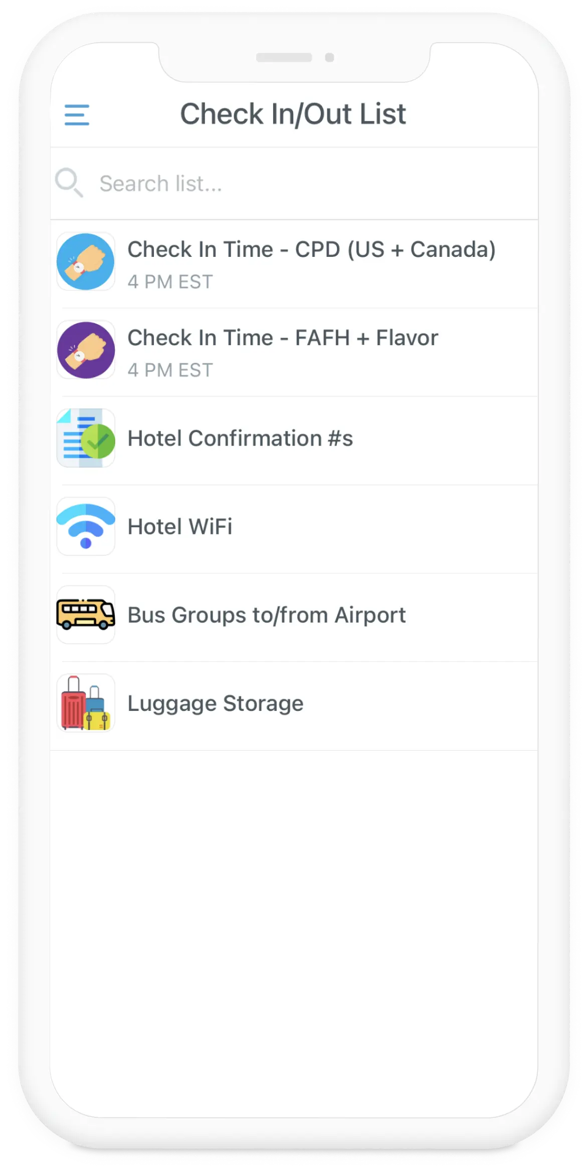Mobile app screen showing a Check In/Out List with items like Check In Time, Hotel Confirmation, Hotel WiFi, Bus Groups to/from Airport, and Luggage Storage with respective icons.