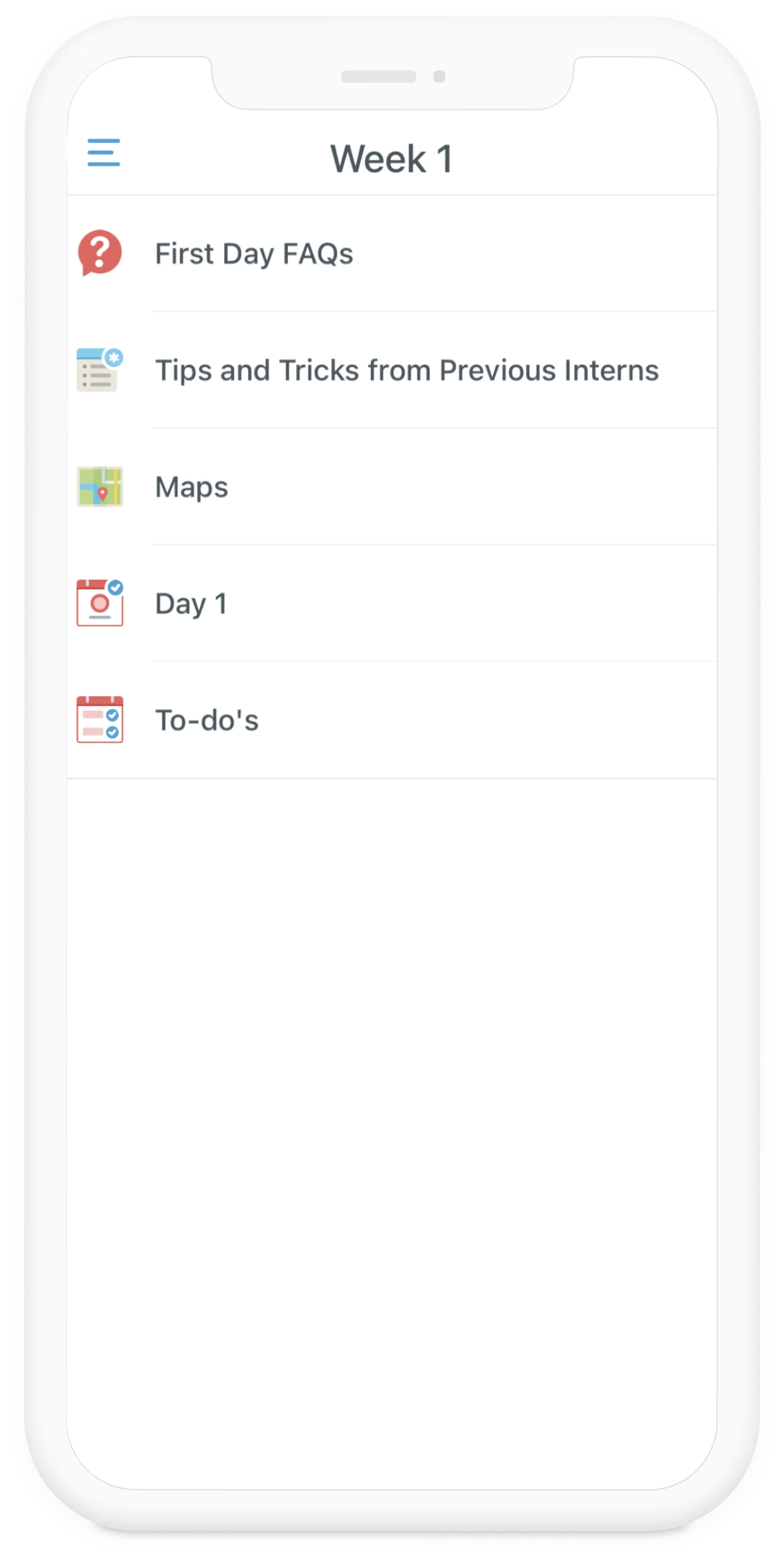 Mobile screen showing a Week 1 schedule with sections: First Day FAQs, Tips and Tricks from Previous Interns, Maps, Day 1, and To-do's.