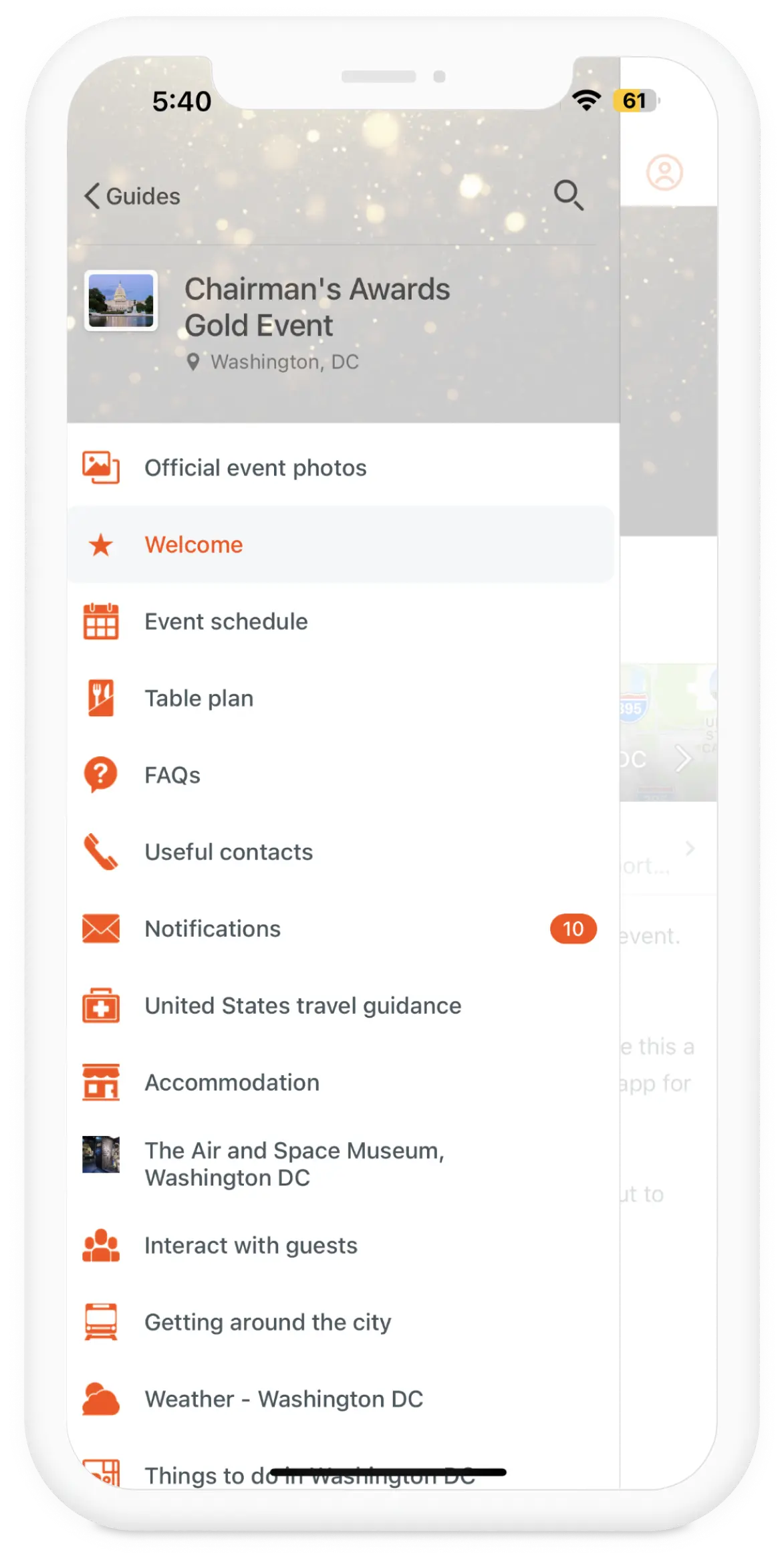 Mobile screen showing event guide menu for Chairman's Awards Gold Event in Washington, DC with options including schedule, table plan, FAQs, contacts, notifications, travel guidance, accommodation, museum info, guest interaction, city transport, and weather.