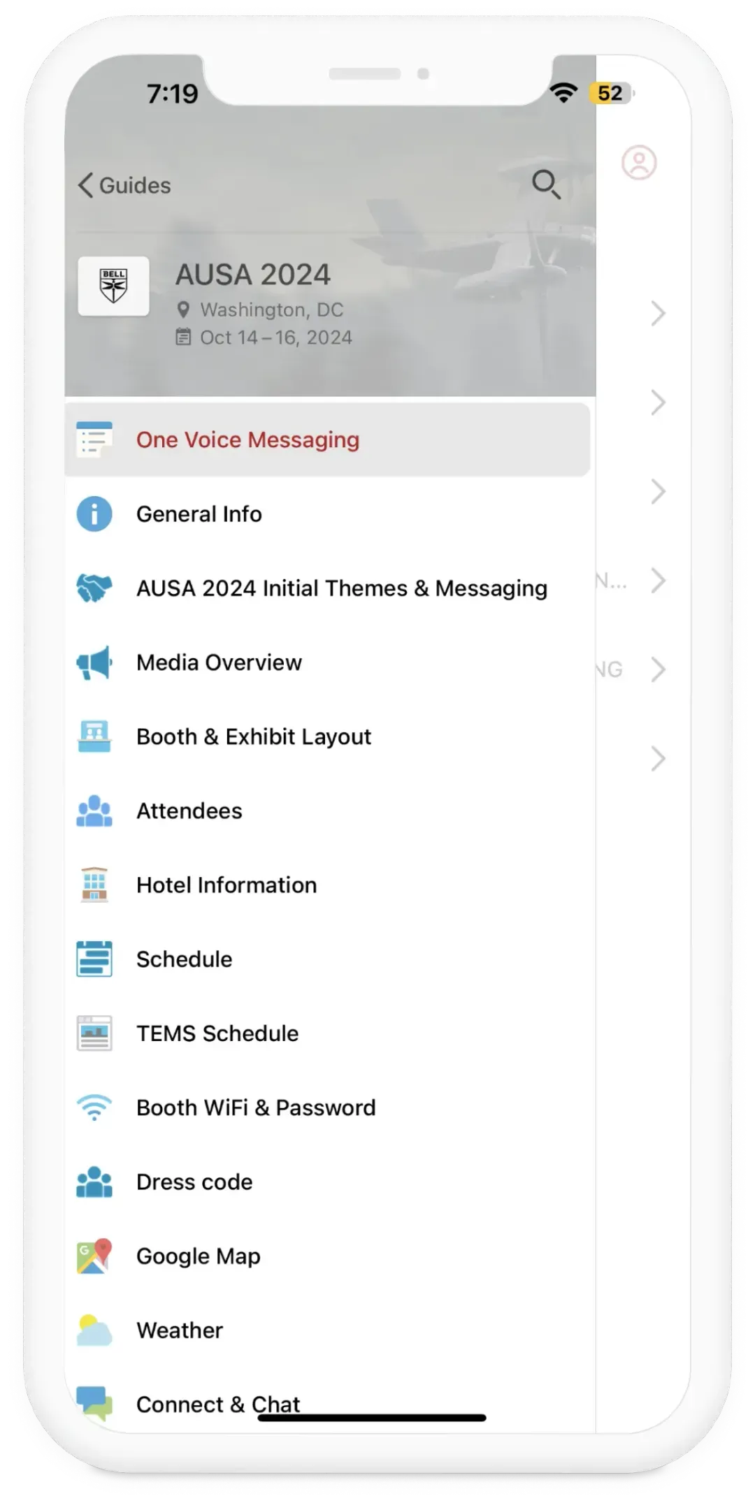 Smartphone screen displaying a guide menu for AUSA 2024 event in Washington, DC, with sections for messaging, general info, themes, media overview, booth layout, attendees, hotel info, schedules, WiFi, dress code, map, weather, and chat.