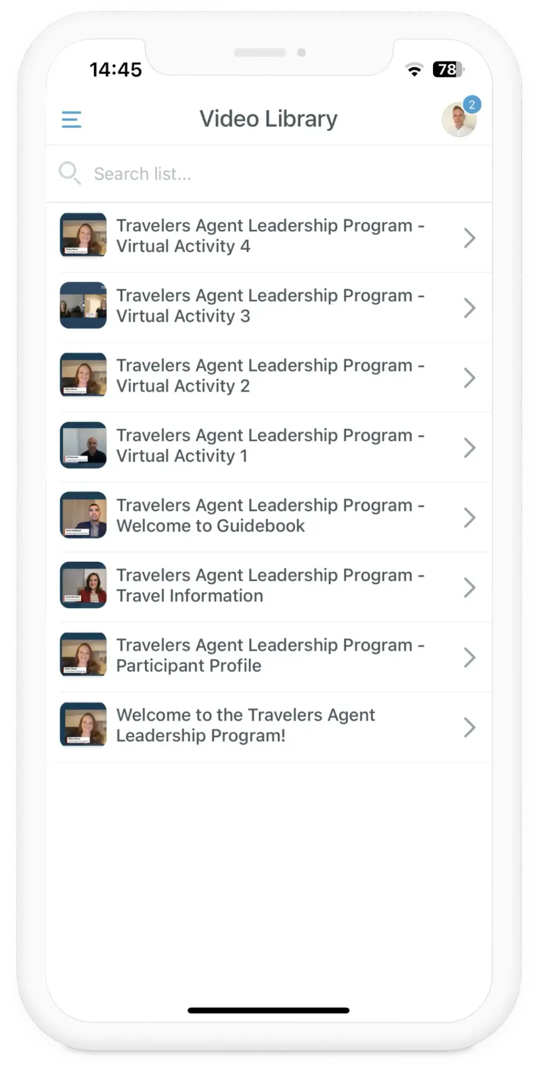 Smartphone screen showing a video library with titles related to the Travelers Agent Leadership Program, including multiple virtual activities, welcome message, travel information, and participant profile.