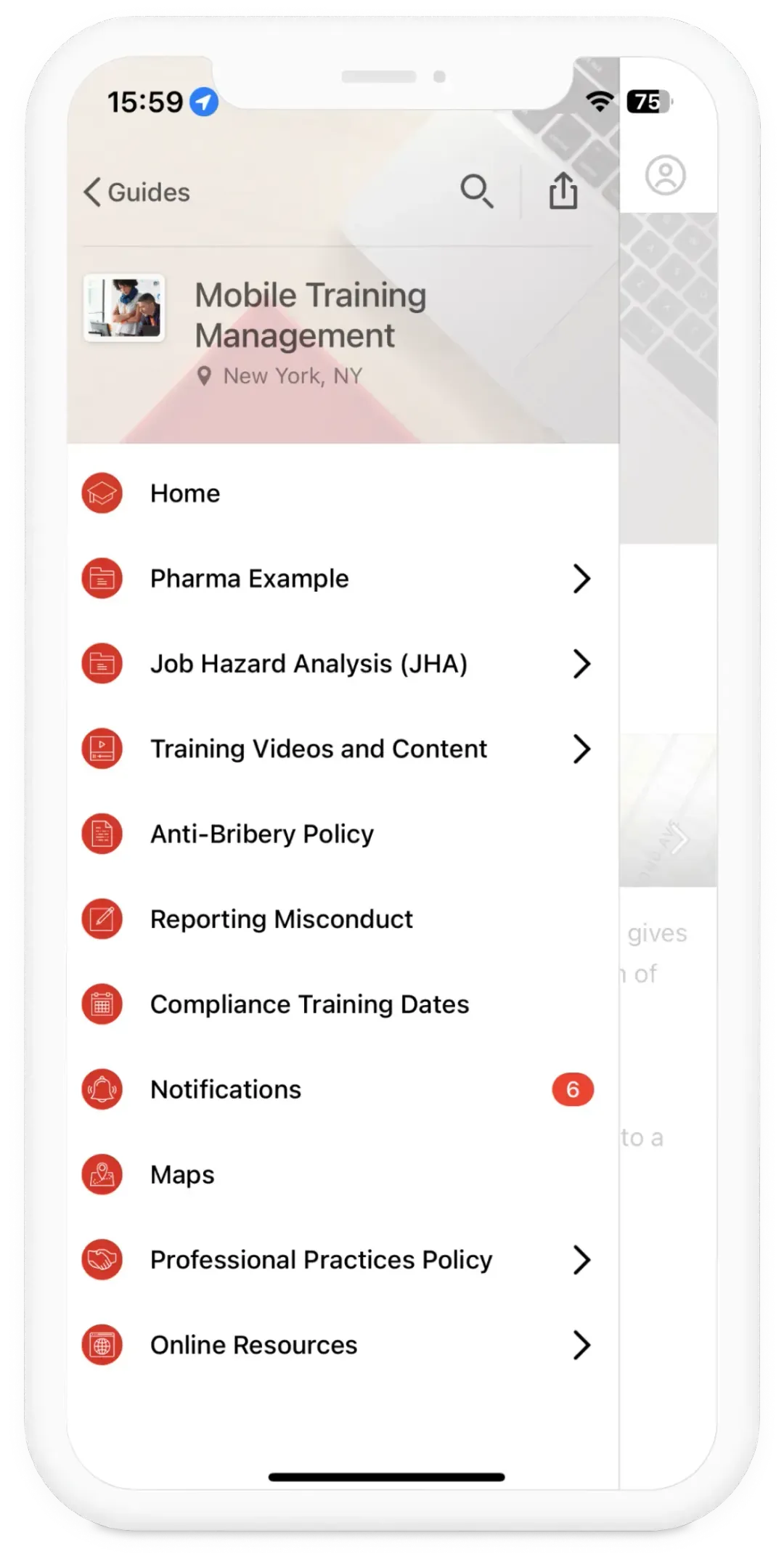 Mobile Training Management app menu listing options like Pharma Example, Job Hazard Analysis, Training Videos, Anti-Bribery Policy, Reporting Misconduct, Compliance Dates, Notifications with 6 alerts, Maps, Professional Practices Policy, and Online Resources.