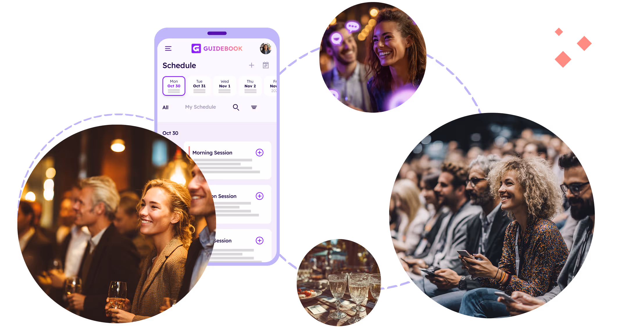 Collage showing a mobile event schedule app surrounded by circular photos of smiling attendees in social and conference settings.
