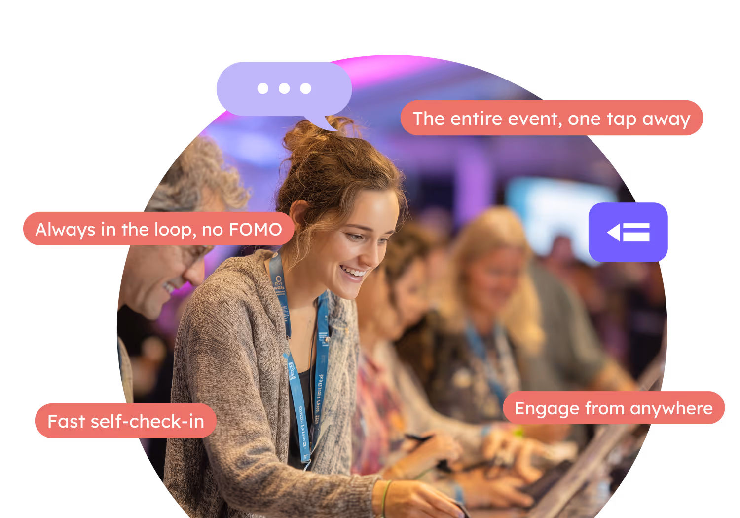 Smiling woman at a check-in counter with event lanyard, surrounded by people and text bubbles highlighting fast self-check-in and event engagement features.