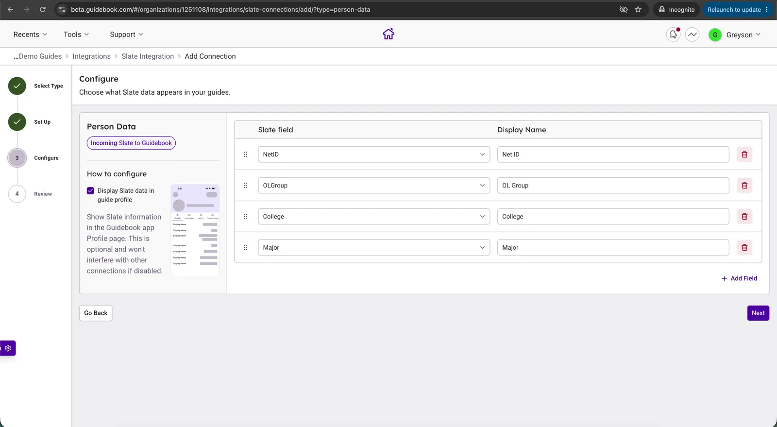 Builder field display names with the Display Slate data in guide profile checkbox