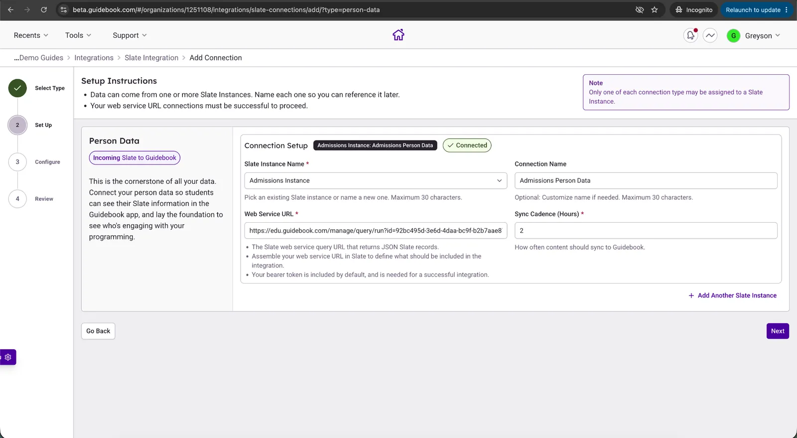Builder Person Data connection form showing the Connected pill