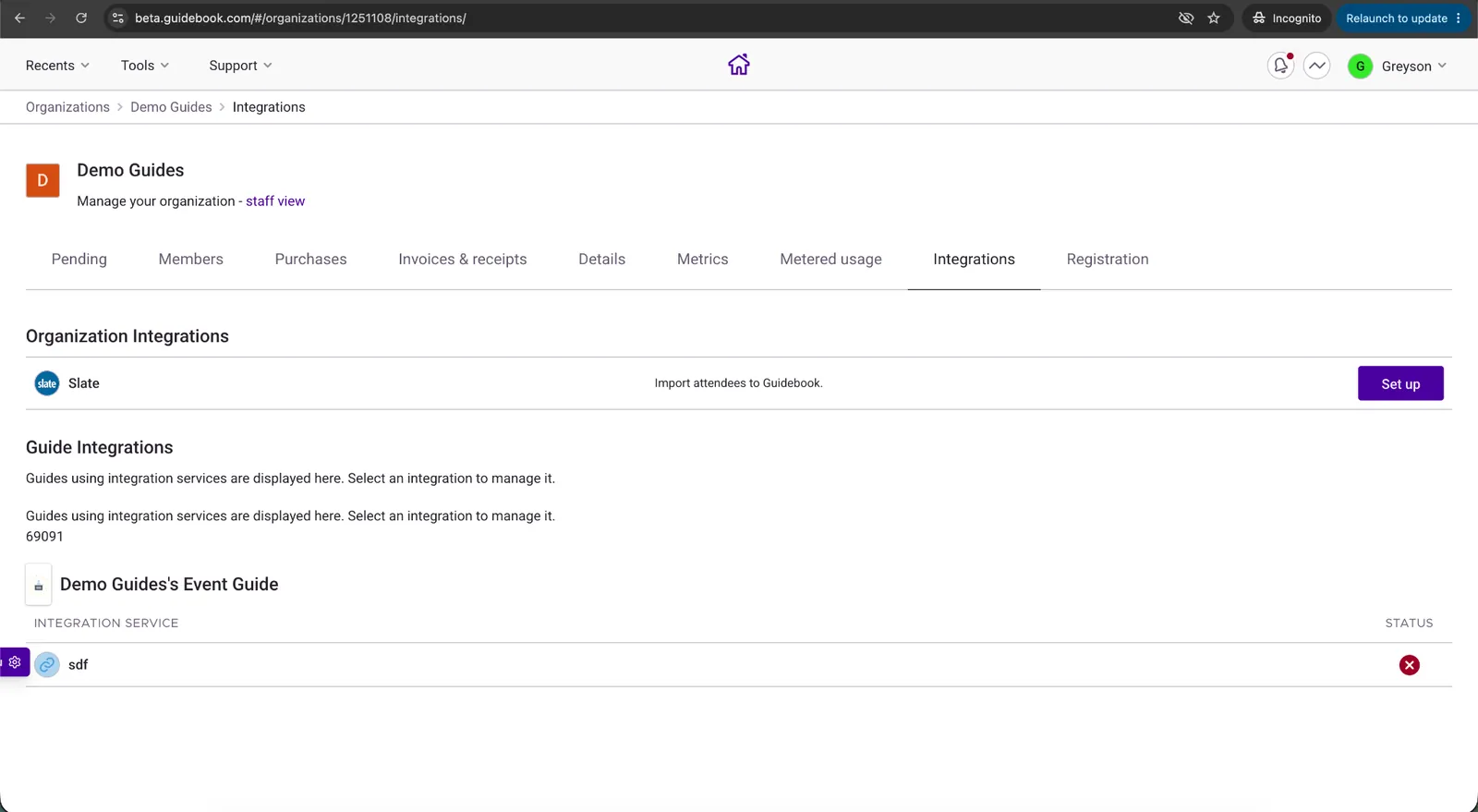 Builder Organization Integrations tab with the Slate integration