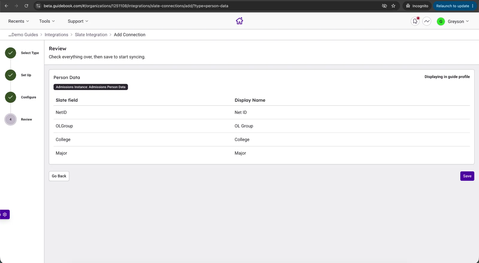 Builder review screen for the Slate Person Data setup