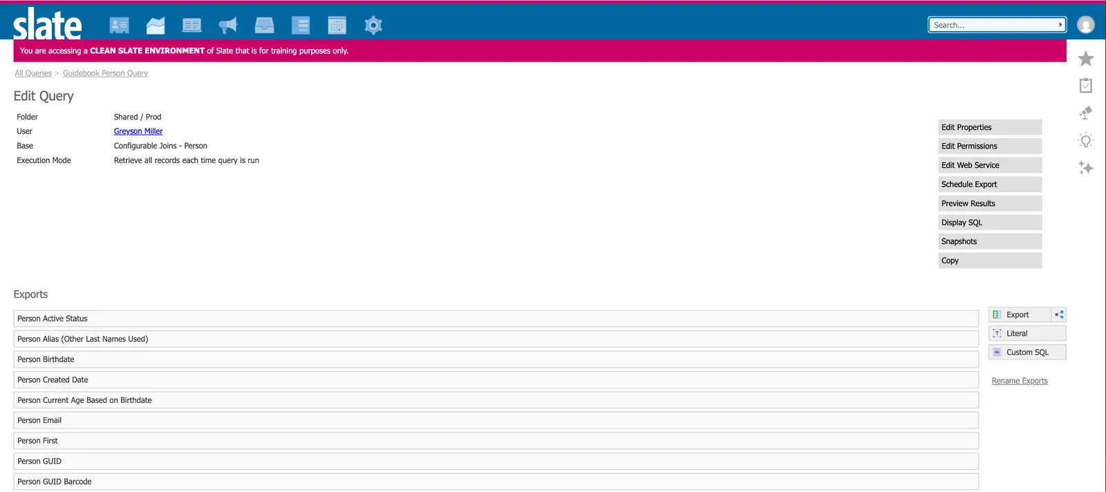 Guidebook Person Query in Slate with fields listed under Exports
