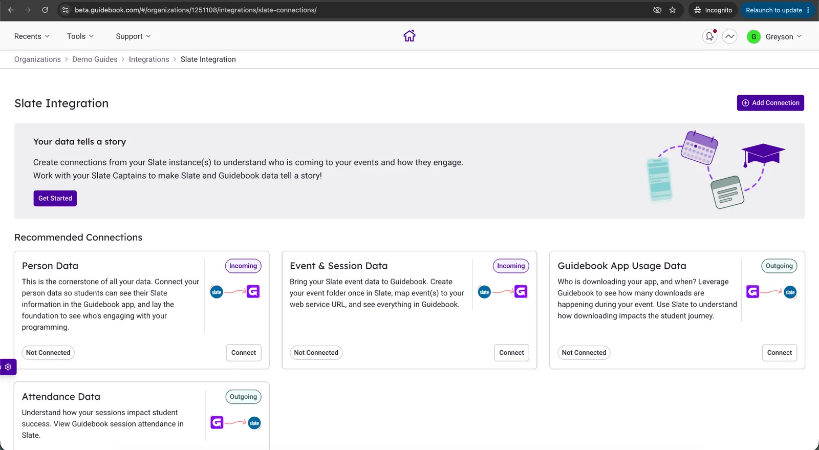 Slate integration in Builder with Person Data (Incoming) and the Connect button