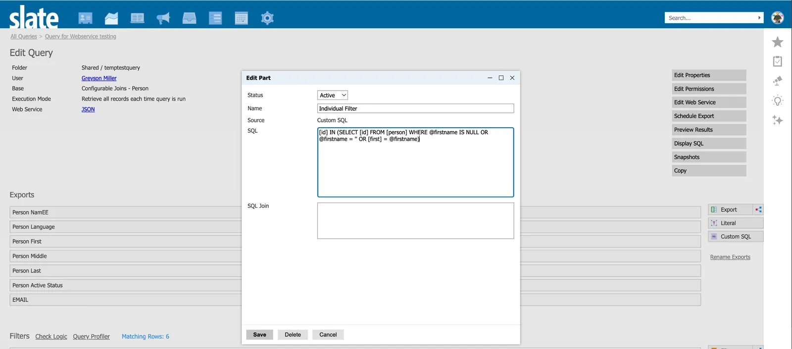 Slate Custom SQL filter named Individual Filter