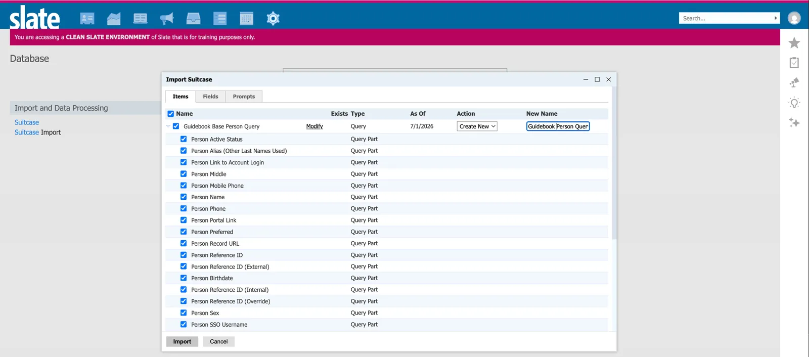 Slate import dialog with the new name set to Guidebook Person Query