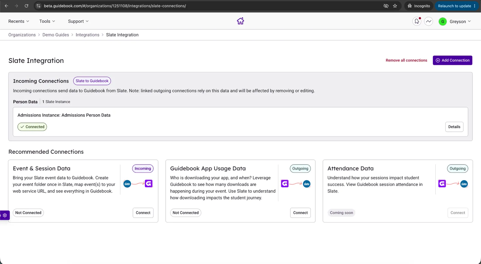 Builder showing the Slate Person Data integration connected after its first sync