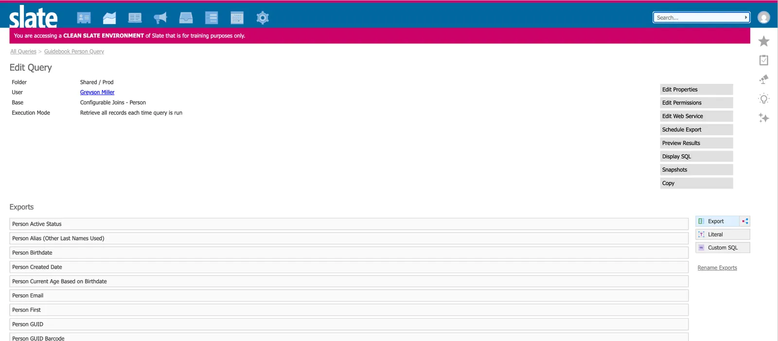 Edit Query screen in Slate with the Export button