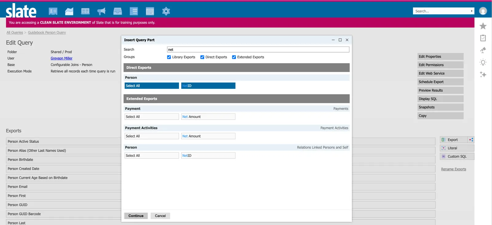 Slate export search adding the NetID, Major, College and OLGroup fields