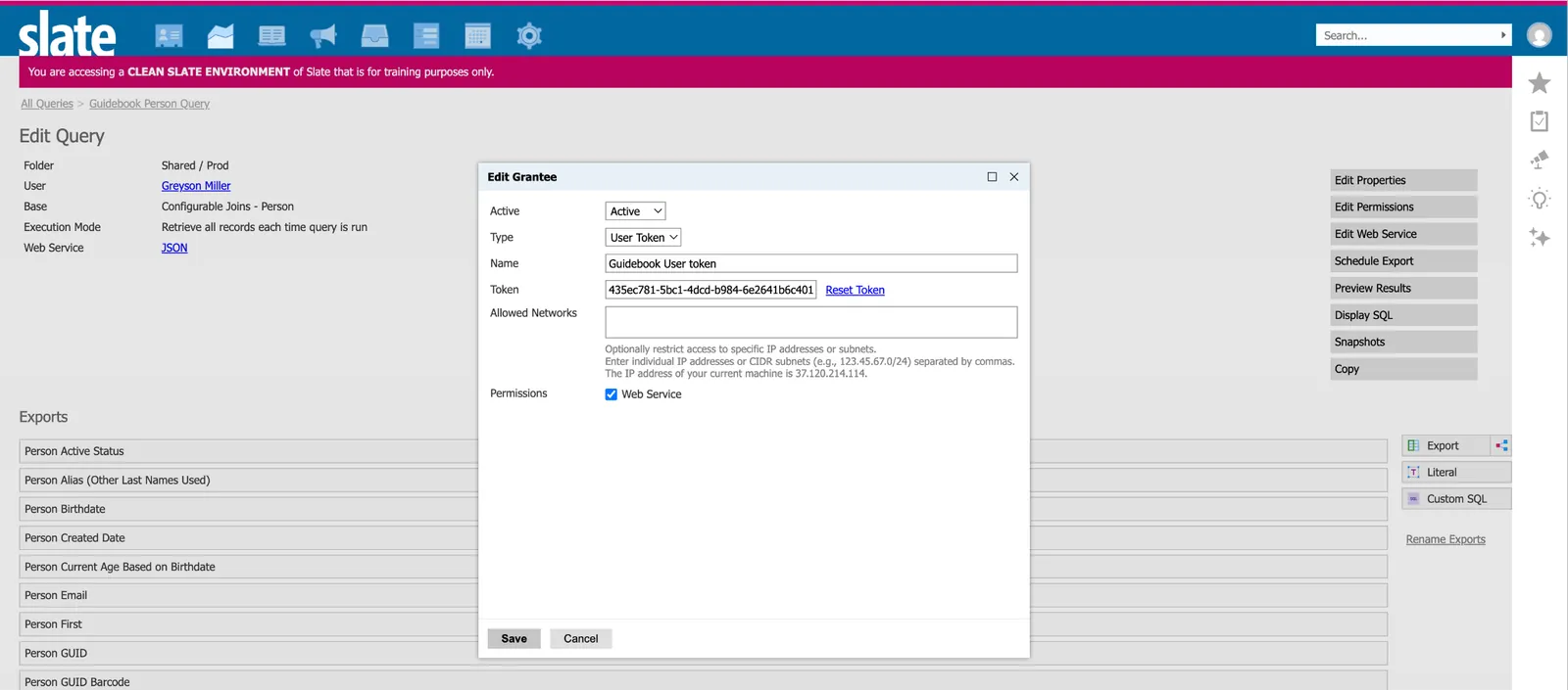 New grantee in Slate set to User Token named Guidebook User Token with Web Service permission