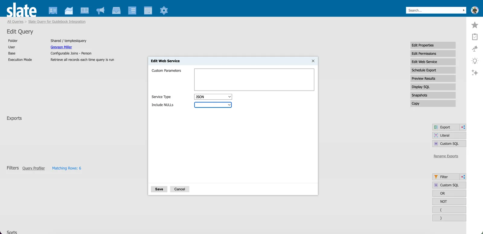 Edit Web Service in Slate with Service Type set to JSON