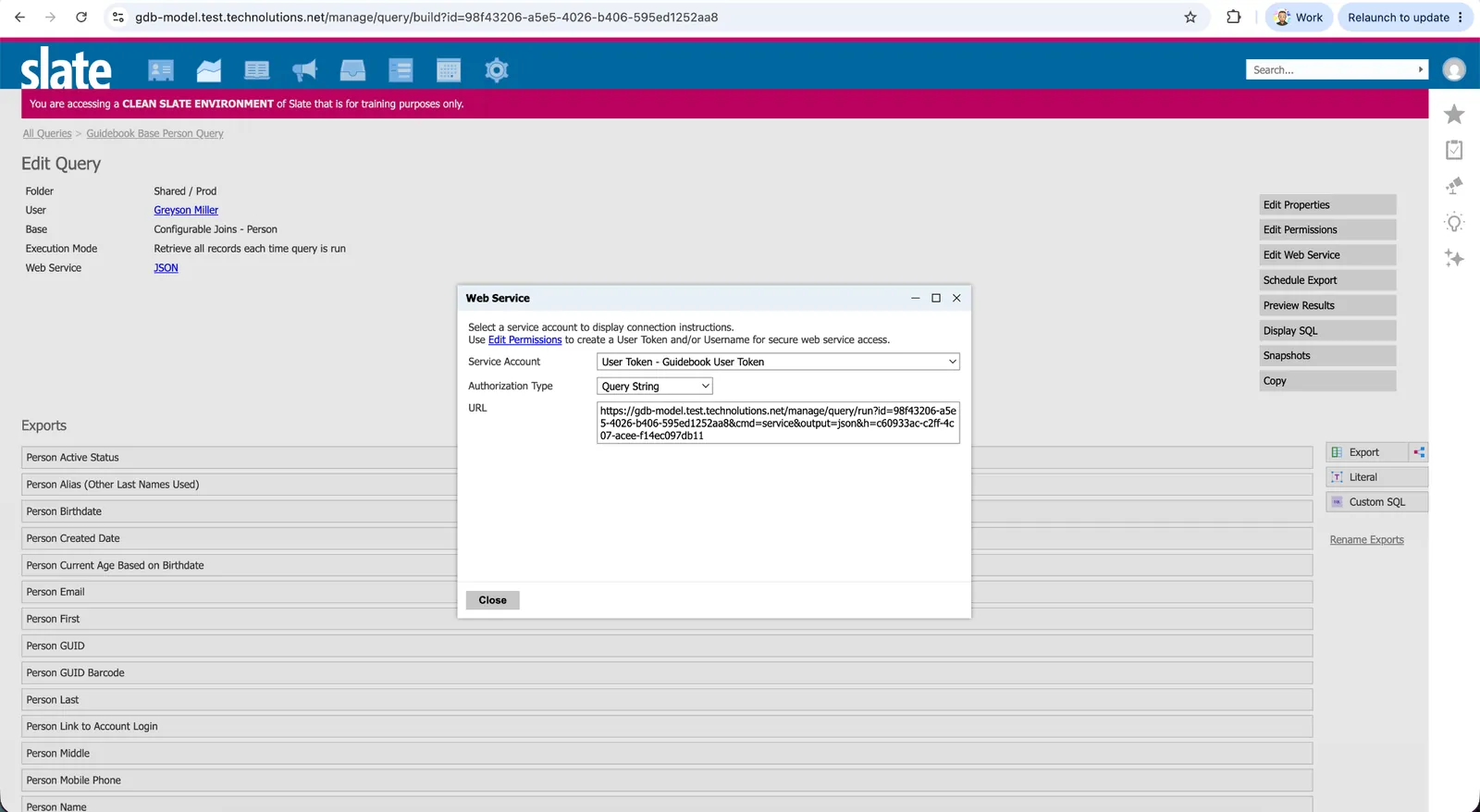 Slate JSON web service link with the generated URL and security key