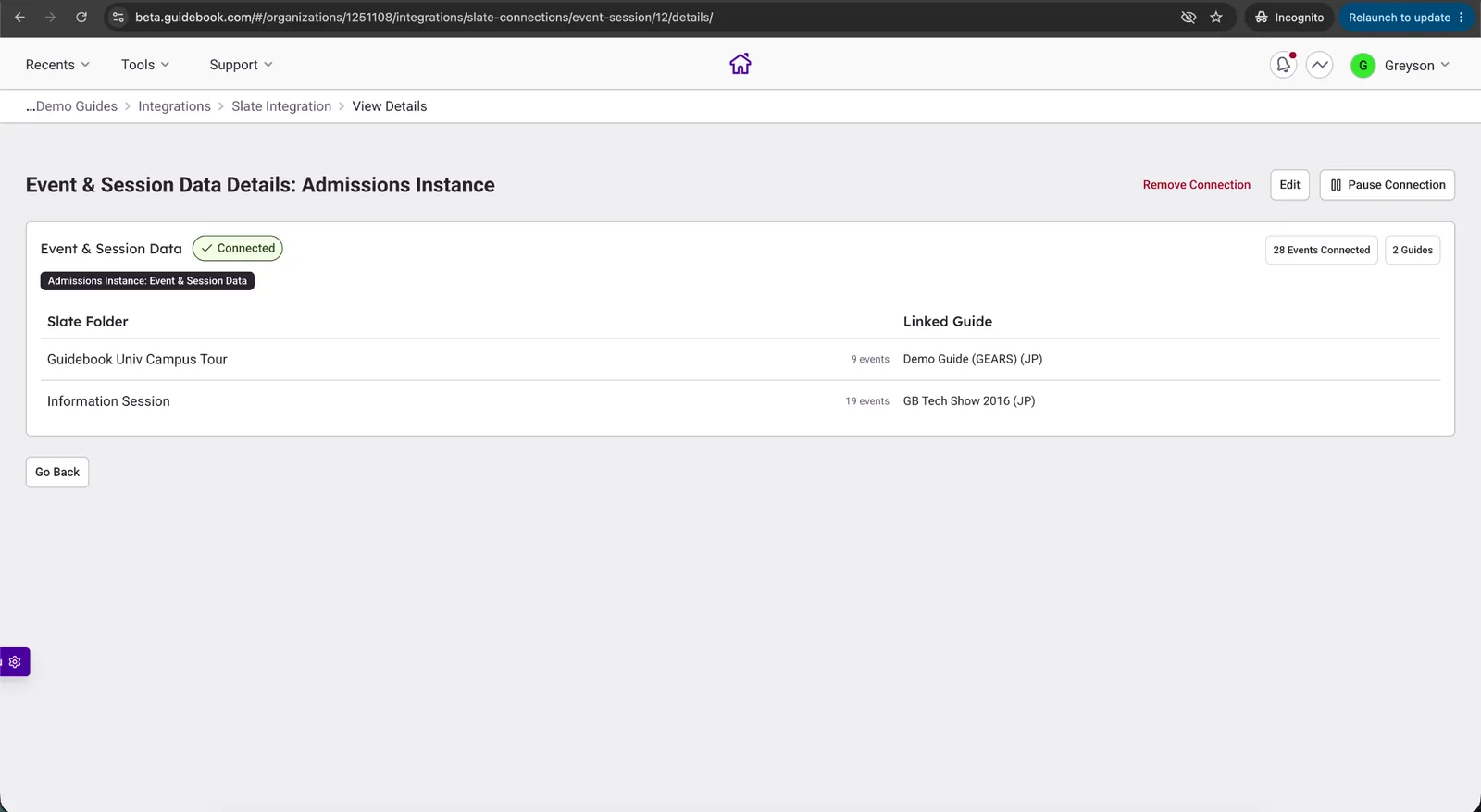 View Details for the Event & Session Data connection in Builder, showing Slate folders mapped to guides