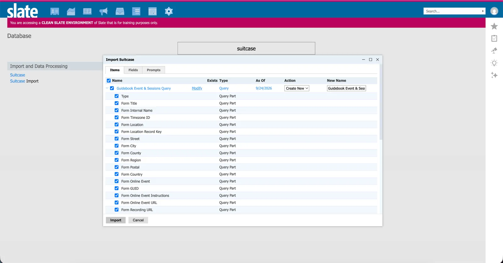 Slate Import Suitcase dialog listing the Event & Session query and its new name