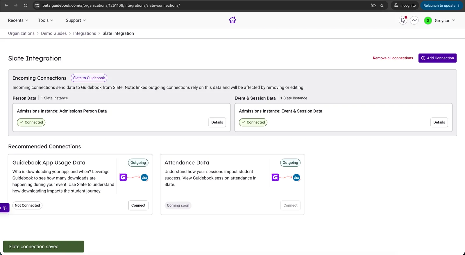 Builder showing the Event & Session Data connection connected after its first sync