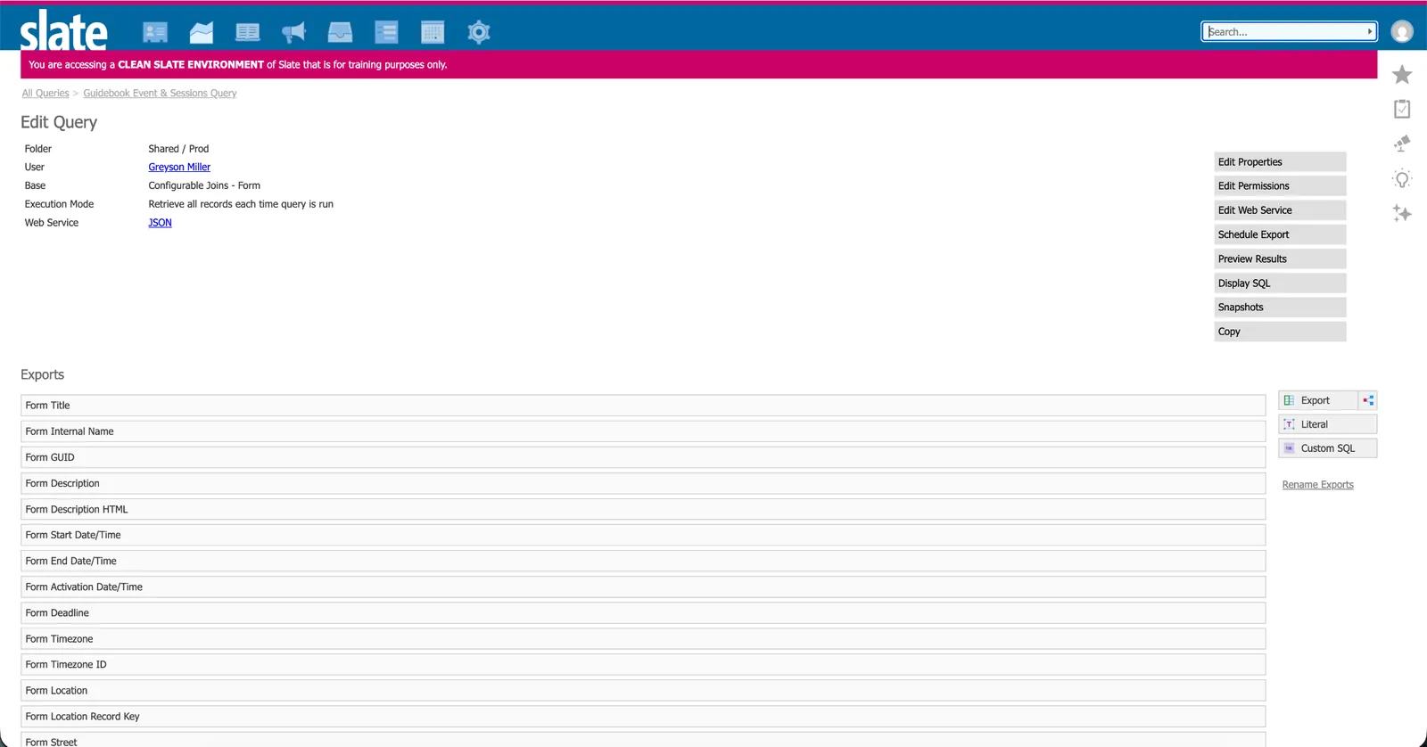 Guidebook Event & Session Query in Slate with fields listed under Exports