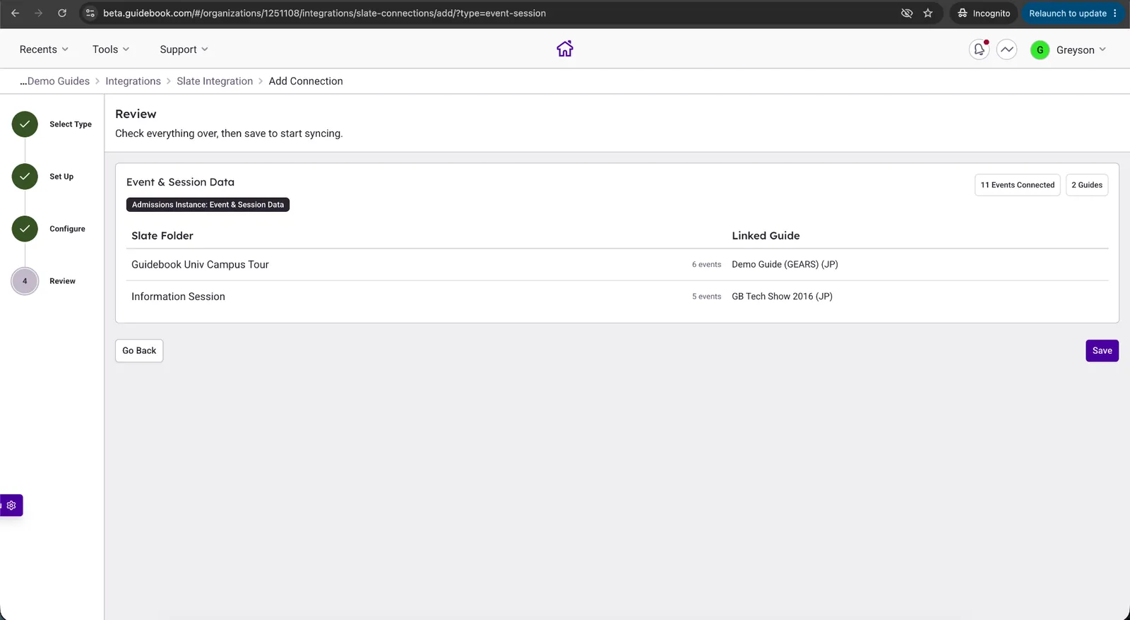 Builder review screen for the Event & Session Data setup