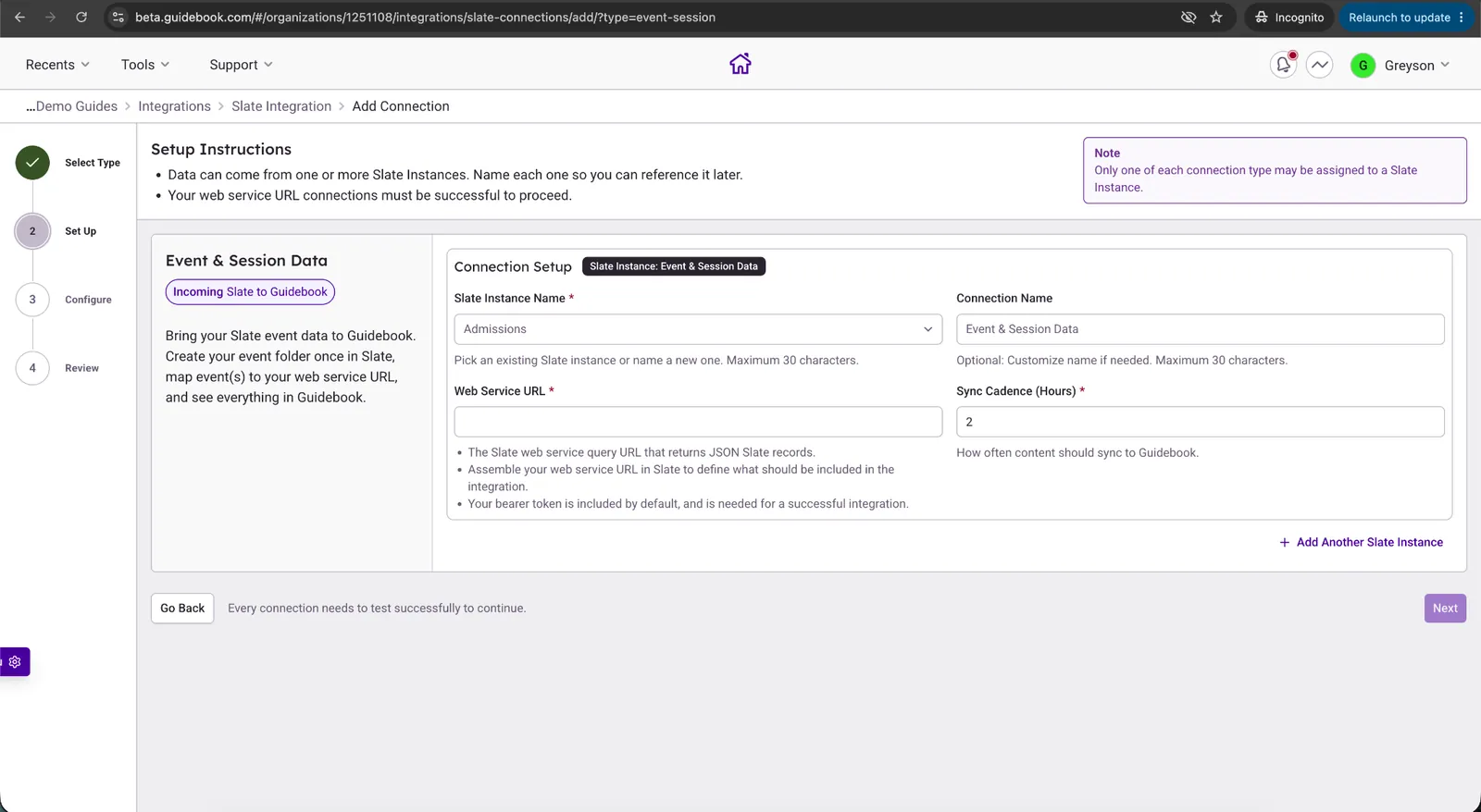 Builder Event & Session Data connection form with the web service URL and sync cadence
